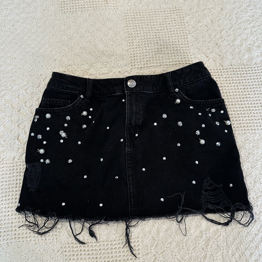 H&M Divided Black Denim Skirt with Rhinestone Embellishments